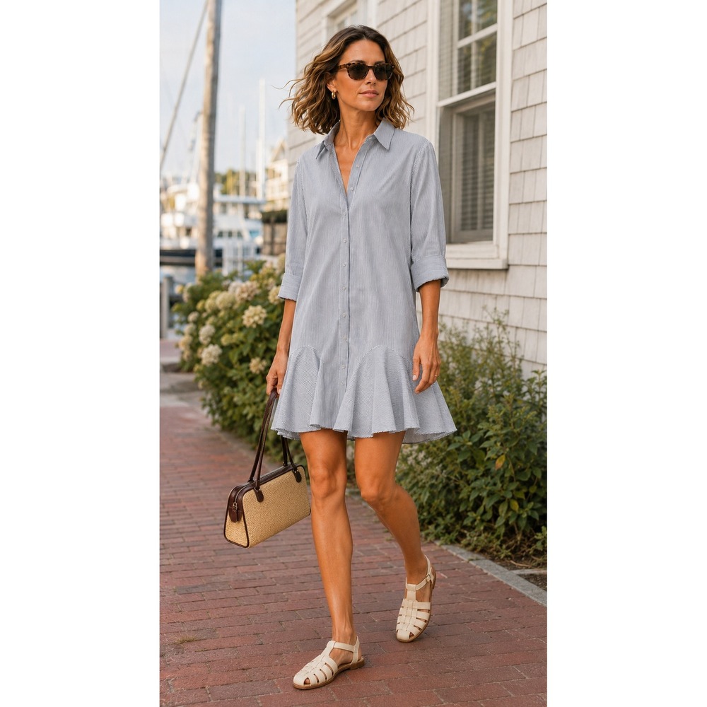 Intermix Striped Shirt Dress Ruffle Hem Coastal Preppy M Hamptons Yacht Club
